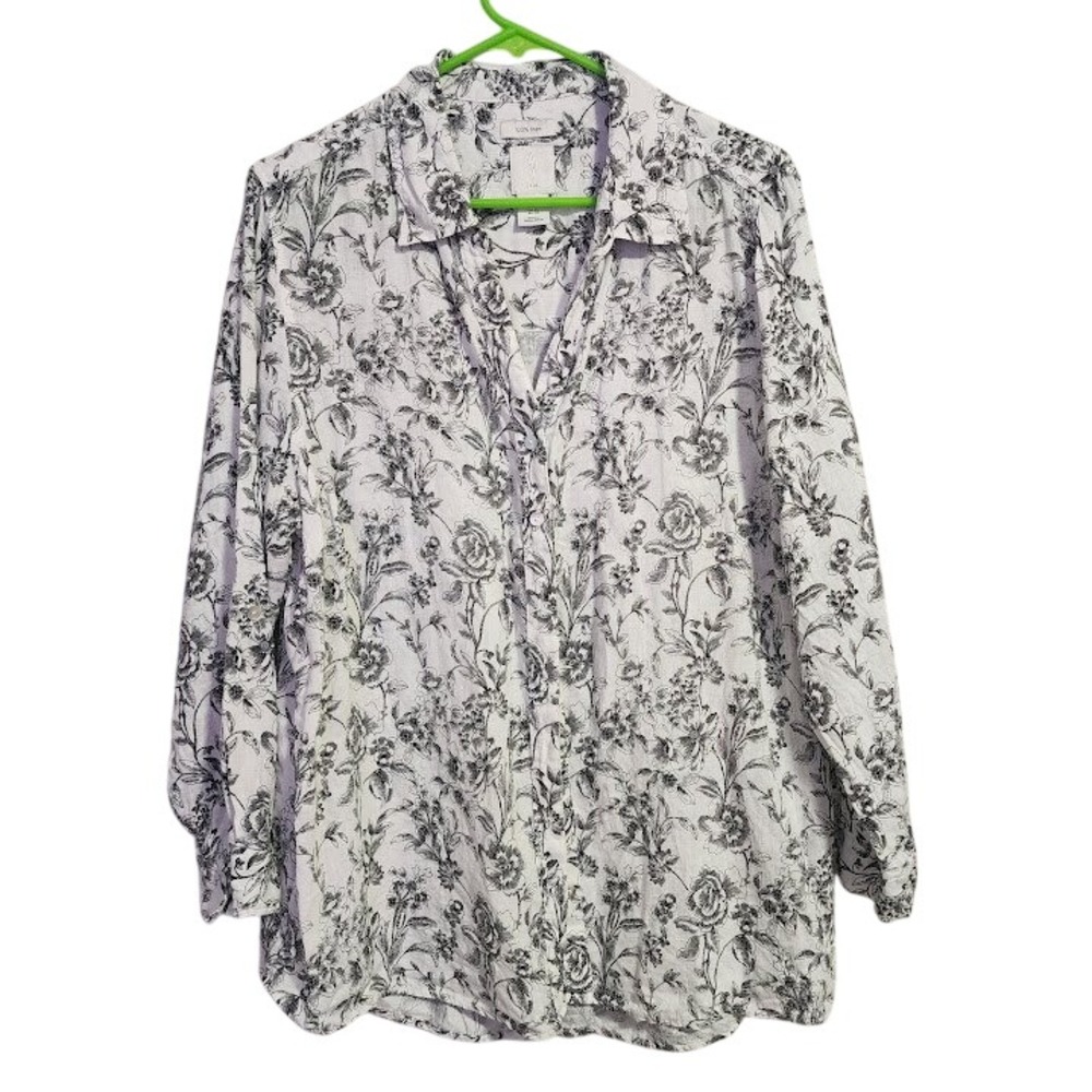 JOIE 100% Linen Floral Toile Print Button Blouse Black White Resortwear 1X‎